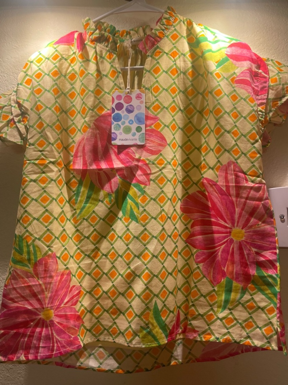 Maude Vivante Yellow Floral Print Ruffle-Neck Blouse Size XL NWT